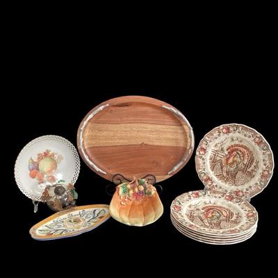 KAAR501 Thanksgiving Dining And Decor	Fitz and Floyd plate (11"x6"); Vintage Schumann reticulated fruit plate (9.5"); Fitz...
