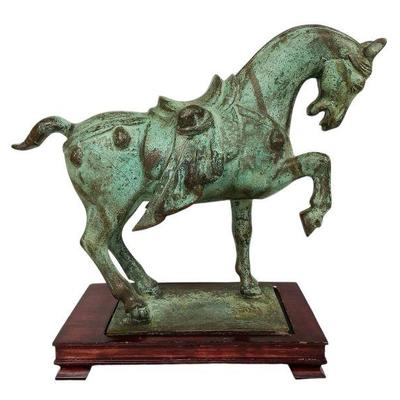 JAKE808 Tang Style Bronze Horse Statue	Bronze war horse statue with pedestal. Not signed by artist. On pedestal measure approximately...