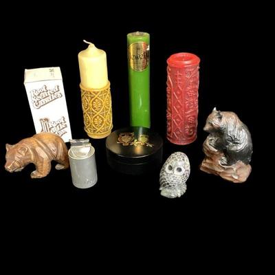 LYZE550 Miscellaneous Lot Of Candles, Coasters, Vintage Lighter, Bears And Owls	Three tall vintage candles, one yellow, one red, one...