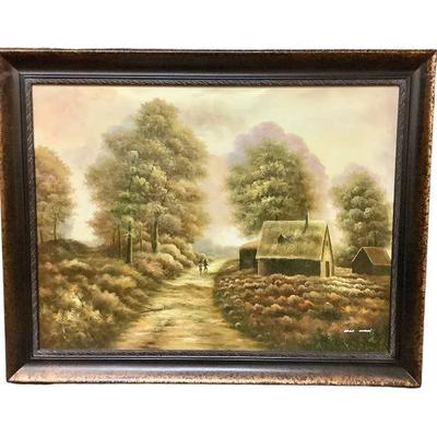 IRGR800 X-Large Oil On Canvas Framed Painting	Depiction of two people walking down a countryside, Signed Enzo Moveni. Measures...