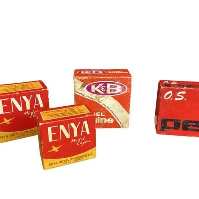 ROMO564 ENYA, K & B Model Plane Engines	Schneurle Port w/Perry Carburetor; Enya I9V model 4005; O.S. Pet 099 RC, plus an empty box...