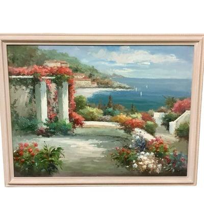 ROMO802 Mediterranean Beach Painting	Oil on canvas painting, artist unknown. With frame, measures approximately 53" by 42".

