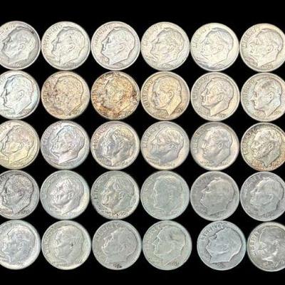 ALSH905 48 Roosevelt Silver Dimes An Assortment Of Dates	48 Roosevelt Silver Dimes An Assortment Of Dates 90% Silver
