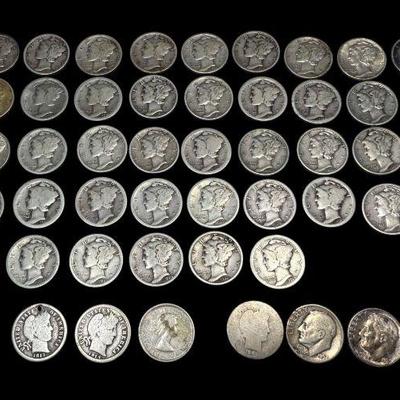 ALSH902 47 Mercury Silver Dimes And More	There are 47 Mercury Silver Dimes and 8 other dimes included in that amount is 2 Roosvelt 1952...