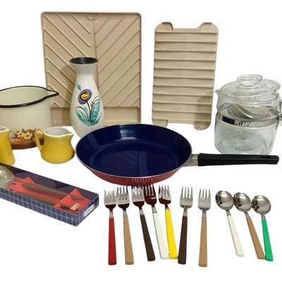 LYZE812 Colorful assortment Vintage Kitchen Tools & More	Assortment of cooking equipment, utensils, and decorative dishes. 
