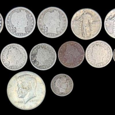 ALSH913 An Assortment Of 14 US Silver Coins	An assortment of US silver coins including a 1829 Capped Bust 1/2 dime and a 1905 Barber...