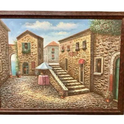 ROMO801 X-Large Tuscan Village Painting	Oil on canvas painting, artist unknown. With wood frame, measures approximately 53" by...