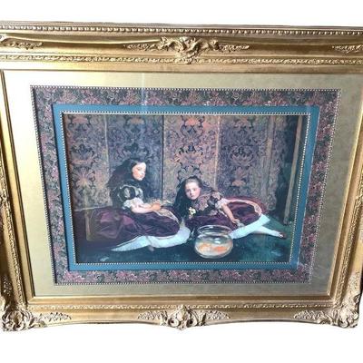 IRGR307 Victorian Style Carved Gold Wood Frame Two Girls And Goldfish	Unknown artist.  Frame is approximately 49" wide x 39.5"...