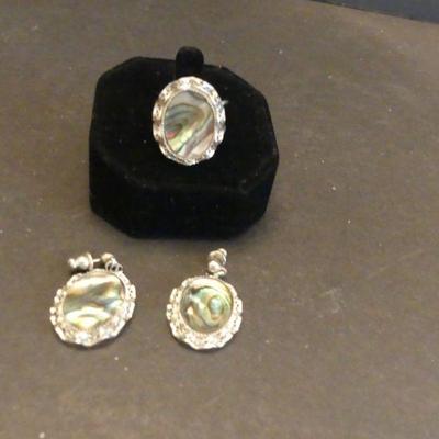 Stocking Stuffer! Vintage Sterling & Paua Shell (Abalone) Ring (Size 8) and Pierced Earring Set - TW 10.7g