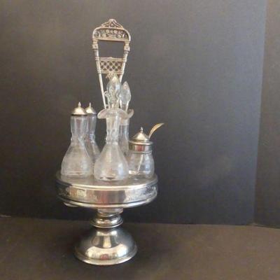 Vintage Wilcox Silverplate Co. "3596" 5 Crystal Cruets with Quadruple Plate Caddy - 7½" Diameter x 16½" Tall