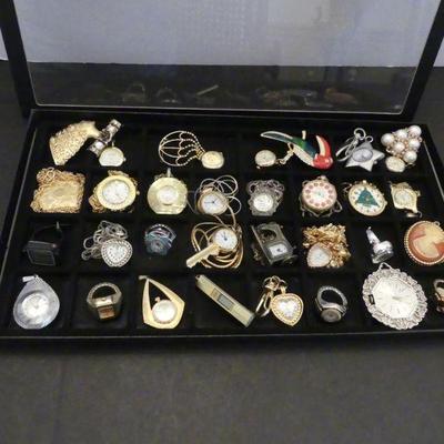 Vintage Jewelry Display of Pendant, Pin & Ring Watches - 24 in All