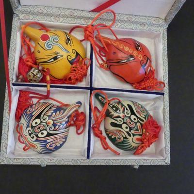 Vintage Silk Wrapped Boxed Set of 4 Miniature Chinese Theater Masks