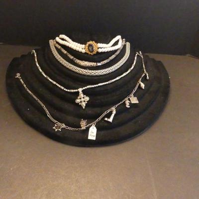 Vintage Demi Lune Black Velevety Display with 5 Fashion Necklaces - 16