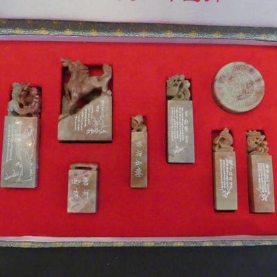 Vintage Silk Wrapped Boxed Set of 8 Shoushan (Aglomatolite) Stone Chinese Chops (See Description)