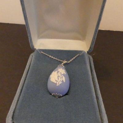 Vintage 1981 Wedgwood Jasper Ware Blue Easter Egg Pendant on 18" Chain - With COA