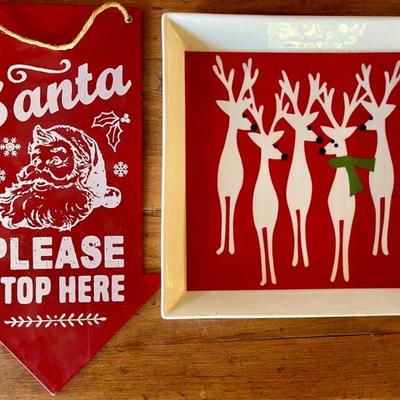 Crate And Barrel Reindeer Tray, Metal Santa Please Stop Here Sign