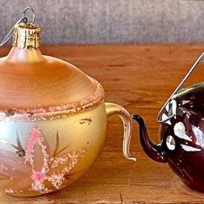 (2) Antique Germany Hand Blown Glass Tea Pot Ornaments