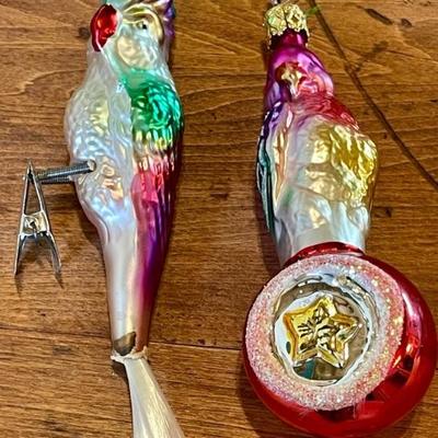 (2) Antique Mercury Glass Parrot Ornaments -(1) Clip On, (1) Hanging