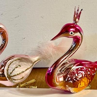 (2) Antique Mercury Glass Clip On Pink Swans With Feathers - (1) Czech 