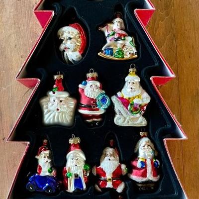 Set Of Vintage Santa Glass Ornaments In Original Tree Box