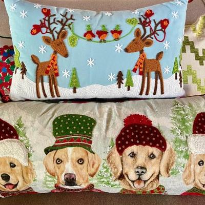 (4) Holiday Pillows - Pier 1 Crewel Work Reindeer, Extra Merry Dogs, And More