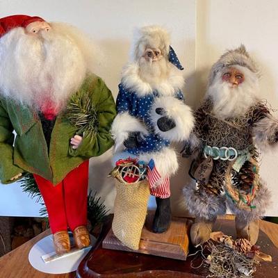 (3) Vintage Folk Art Santas - CRE 1992 Pine Cone (as Is), Bruxelle European, And Blue Star With Bag