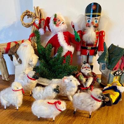 Annalee Santa, Wood Nut Cracker, House Of Hattan, Sweden Reindeer And Butticki, And Sheep