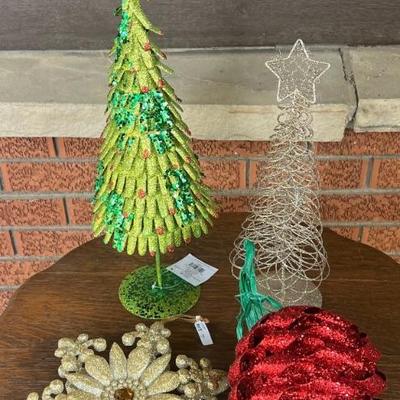 (4) Christmas Glitter Table Top Trees And Ornaments - Pier 1 And Hobby Lobby