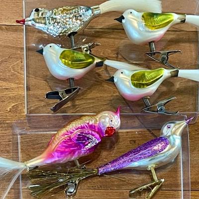 (6) Vintage And Antique Blown Glass Clip On Bird Tree Ornaments 