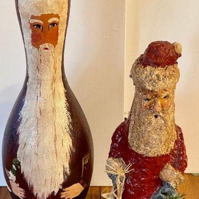 CRE 1983 Hand Painted Santa Bowling Pin And A C. Mahoney Paper Mache 1991 Santa