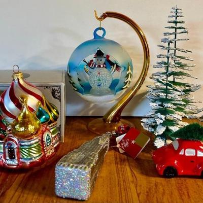 Department 56 Flocked Trees, Lord And Taylor Glass Ornament, Sorelle Glass Globe With Stand, And More
