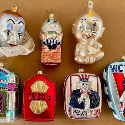 Assorted Hand Blown Glass Holiday Ornaments - Kewpie, Humpty Dumpty, Juke Box, And More