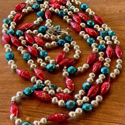 Antique Mercury Glass 8 Foot Red - Blue & Silver Bead Strand (as Is)