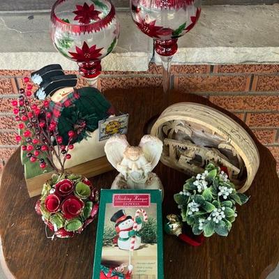 Christmas Decor - Poinsettias Candles, Socking Hanger, Wooden Nativity, Snowman, And More