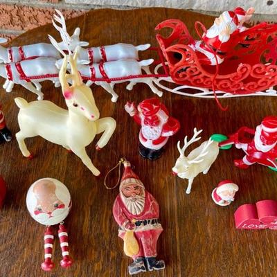 Set Of Vintage Santa And Reindeer - Celluloid, Velvet Covered Sleigh, Wood Eggs, And More
