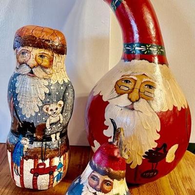 (3) Kay Cloud 1991 Hand Painted Santas - (2) Gourds 