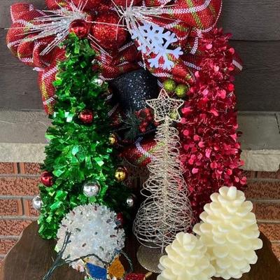 Christmas Decor - Wreath, 3 Table Top Trees, Pine Cones, Lighted Snowball, And Star