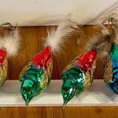 (8) Clip On Bird Holiday Blown Glass Ornaments 