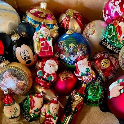Box Of Assorted Vintage Holiday Ornaments - Blown Glass, Disney, Hand Painted, Campbell Soup, And More