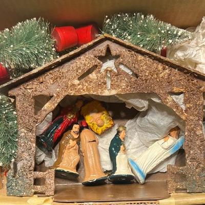 Vintage Hand Made Paper Mache And Ceramic Nativity Set With Bottle Brush Trees
