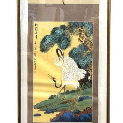 LARGE JAPANESE HAND PAINTED KAKEJIKU CRANES