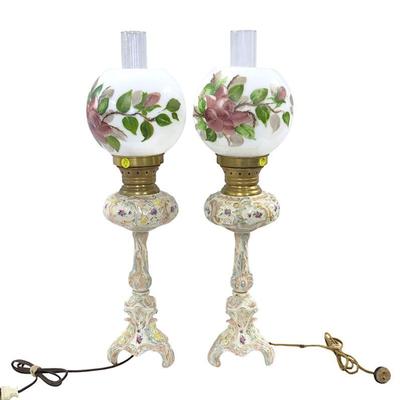 PAIR DRESDEN ELECTRIFIED OIL LAMPS