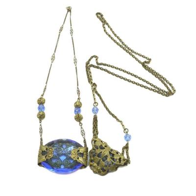 2 ART NOUVEAU ORNATE GILT BLUE CZECH GLASS NECKLACES