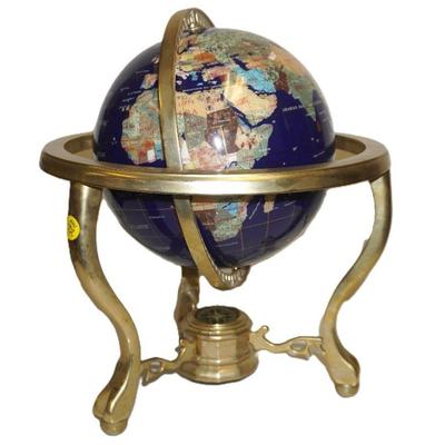 LAPIS & GEMSTONE GLOBE IN BRASS STAND