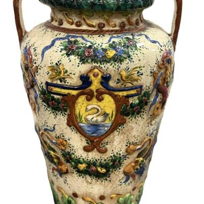 MAJOLICA LARGE DOUBLE HANDLE SWAN MOTIF URN