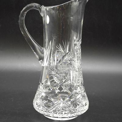 TALL CUT AND ETCHED GLASS PITCHER