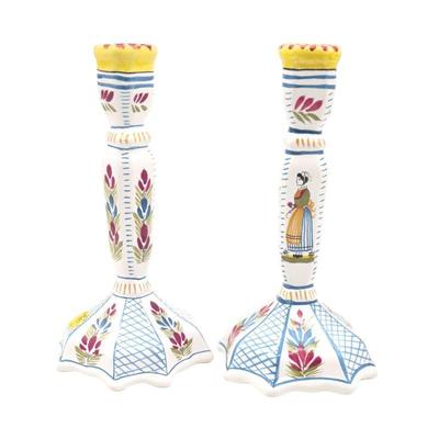 PAIR OF HENRIOT QUIMPER FAIENCE TALL CANDLESTICKS