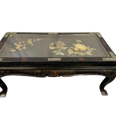 MID CENTURY INLAID CHINESE BLACK LACQUER COFFEE TABLE