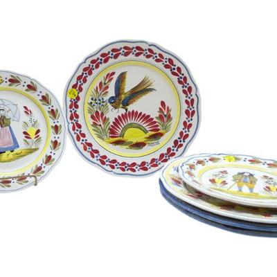 6 HENRIOT QUIMPER FAIENCE HAND PAINTED PLATES