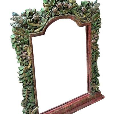 HAND CARVED ORNATE PAINTED WOOD MIRROR